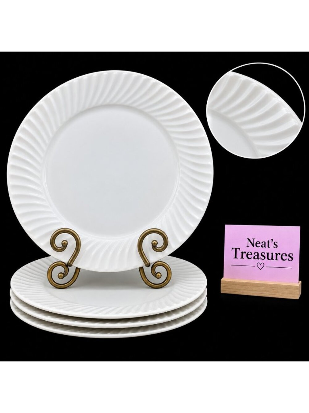 Gourmet Expressions REGENT WHITE Swirl Stoneware Oven Safe Dinner Plates Set 4